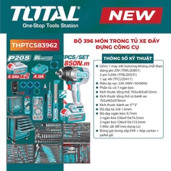 Bộ 396 Món Trong Tủ Xe Đẩy Công Cụ TOTAL THPTCS83962 - Kèm Máy Siết Bu Lông 850Nm