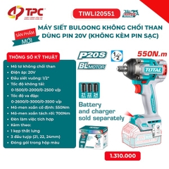 Máy Siết Bu Lông Không Chổi Than Dùng Pin 20V TOTAL TIWLI20551 - Lực Siết 550Nm, Đầu Vuông 1/2 Inch