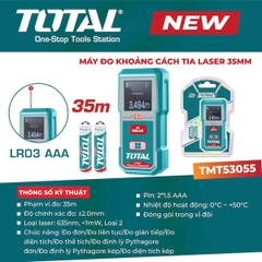 Máy Đo Khoảng Cách Tia Laser 35m TOTAL TMT53055 - Độ Chính Xác ±2.0mm, Đa Năng (Diện Tích, Thể Tích, Pythagoras)