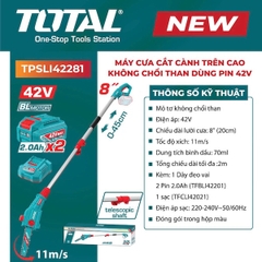 Máy Cưa Xích Cắt Cành Trên Cao Dùng Pin 42V TOTAL TPSLI42281 - Động Cơ Không Chổi Than (Brushless), Lam 8 inch