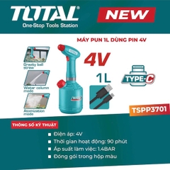 Máy Phun Cầm Tay Dùng Pin 4V TOTAL TSPP3701 - Bình 1L, Sạc Type-C, Pin Bền 90 Phút