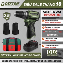 Combo Máy Khoan Pin DEKTON D16 Không Chổi Than 13mm – 2 Pin Xả Cao 2.5Ah