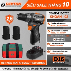 Combo Máy Khoan Pin DEKTON D16 Không Chổi Than 13mm – 2 Pin Xả Cao 2.5Ah