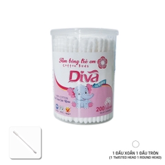 Tăm Bông Trẻ Em Diva Baby Que Nhựa (Hộp/200 que tròn xoay)