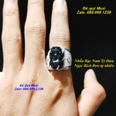 NHẪN TỲ HƯU PHONG THUỶ NGỌC BÍCH ĐEN TỰ NHIÊN BỌC BẠC
