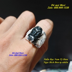 NHẪN TỲ HƯU PHONG THUỶ NGỌC BÍCH ĐEN TỰ NHIÊN BỌC BẠC