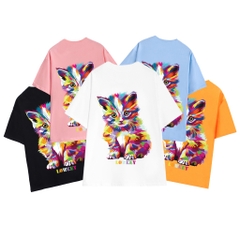 Áo thun form rộng nam nữ cổ tròn in hình mèo hoạ tiết LOWKEY cao cấp K0001 - Vải cotton 2 Màu đen - Trắng