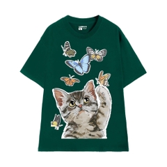 Áo tee unisex cổ tròn tay ngắn in hoạ tiết MEOMEO bắt bướm LOWKEY đẹp K0011 - Nhiều màu trắng đen cam vàng xanh