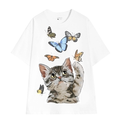 Áo tee unisex cổ tròn tay ngắn in hoạ tiết MEOMEO bắt bướm LOWKEY đẹp K0011 - Nhiều màu trắng đen cam vàng xanh