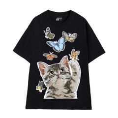Áo tee unisex cổ tròn tay ngắn in hoạ tiết MEOMEO bắt bướm LOWKEY đẹp K0011 - Nhiều màu trắng đen cam vàng xanh