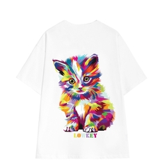 Áo thun form rộng nam nữ cổ tròn in hình mèo hoạ tiết LOWKEY cao cấp K0001 - Vải cotton 2 Màu đen - Trắng