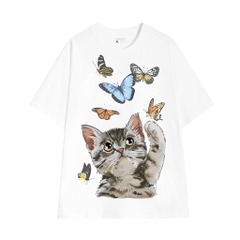 Áo tee unisex cổ tròn tay ngắn in hoạ tiết MEOMEO bắt bướm LOWKEY đẹp K0011 - Nhiều màu trắng đen cam vàng xanh