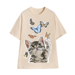 Áo tee unisex cổ tròn tay ngắn in hoạ tiết MEOMEO bắt bướm LOWKEY đẹp K0011 - Nhiều màu trắng đen cam vàng xanh