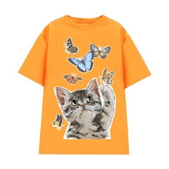 Áo tee unisex cổ tròn tay ngắn in hoạ tiết MEOMEO bắt bướm LOWKEY đẹp K0011 - Nhiều màu trắng đen cam vàng xanh