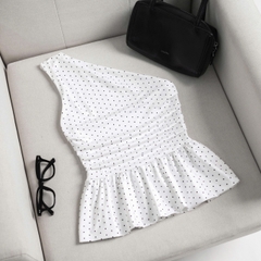 K5218 LOWKEY_ÁO LỆCH VAI CHẤM BI DÁNG XÒE PEPLUM-PHỐI DÂY CỔ,CÓ KHÓA KÉO BÊN HÔNG