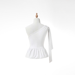 K5218 LOWKEY_ÁO LỆCH VAI CHẤM BI DÁNG XÒE PEPLUM-PHỐI DÂY CỔ,CÓ KHÓA KÉO BÊN HÔNG