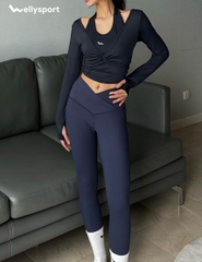 Áo Dài Tay Xoắn Eo Tập Gym, Yoga Nữ, Màu Xanh Đen Denim, Welly Sport, Mã NDT07