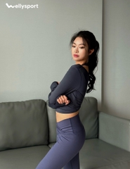 Áo Dài Tay Xoắn Eo Tập Gym, Yoga Nữ, Màu Xanh Đen Denim, Welly Sport, Mã NDT07