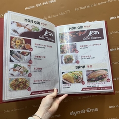 Thiết kế tinh tế - Menu bìa da đỏ đinh tán trong in Uv logo sắc nét -  Hello Viet Nam