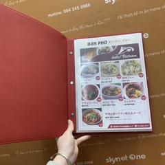 Thiết kế tinh tế - Menu bìa da đỏ đinh tán trong in Uv logo sắc nét -  Hello Viet Nam