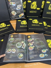 Menu bìa da đinh tán trong túi nilong in UV _ Thiết kế trong cầm tay _ Ngon Cornor