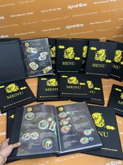 Menu bìa da đinh tán trong túi nilong in UV _ Thiết kế trong cầm tay _ Ngon Cornor