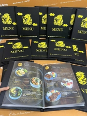 Menu bìa da đinh tán trong túi nilong in UV _ Thiết kế trong cầm tay _ Ngon Cornor