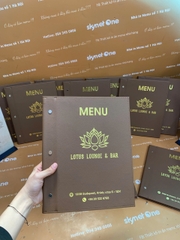 Menu bìa da đinh tán ngoài ép nhũ vàng + menu formex gập 3 + menu mica để bàn a4 _ Lotus Lounge & Bar