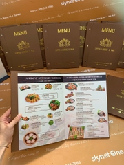 Menu bìa da đinh tán ngoài ép nhũ vàng + menu formex gập 3 + menu mica để bàn a4 _ Lotus Lounge & Bar