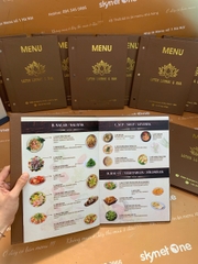 Menu bìa da đinh tán ngoài ép nhũ vàng + menu formex gập 3 + menu mica để bàn a4 _ Lotus Lounge & Bar