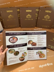 Menu bìa da đinh tán ngoài ép nhũ vàng + menu formex gập 3 + menu mica để bàn a4 _ Lotus Lounge & Bar