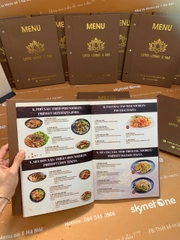 Menu bìa da đinh tán ngoài ép nhũ vàng + menu formex gập 3 + menu mica để bàn a4 _ Lotus Lounge & Bar