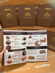 Menu bìa da đinh tán ngoài ép nhũ vàng + menu formex gập 3 + menu mica để bàn a4 _ Lotus Lounge & Bar