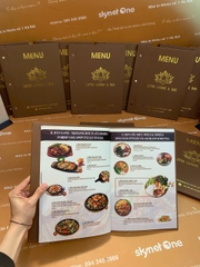 Menu bìa da đinh tán ngoài ép nhũ vàng + menu formex gập 3 + menu mica để bàn a4 _ Lotus Lounge & Bar