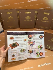 Menu bìa da đinh tán ngoài ép nhũ vàng + menu formex gập 3 + menu mica để bàn a4 _ Lotus Lounge & Bar