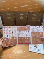 Menu bìa da đinh tán ngoài ép nhũ vàng + menu formex gập 3 + menu mica để bàn a4 _ Lotus Lounge & Bar