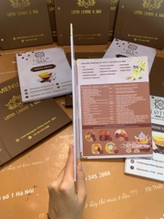 Menu bìa da đinh tán ngoài ép nhũ vàng + menu formex gập 3 + menu mica để bàn a4 _ Lotus Lounge & Bar