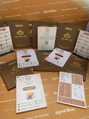 Menu bìa da đinh tán ngoài ép nhũ vàng + menu formex gập 3 + menu mica để bàn a4 _ Lotus Lounge & Bar