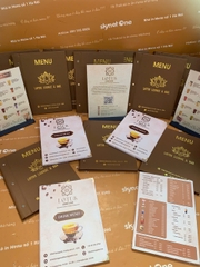 Menu bìa da đinh tán ngoài ép nhũ vàng + menu formex gập 3 + menu mica để bàn a4 _ Lotus Lounge & Bar