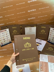 Menu bìa da đinh tán ngoài ép nhũ vàng + menu formex gập 3 + menu mica để bàn a4 _ Lotus Lounge & Bar