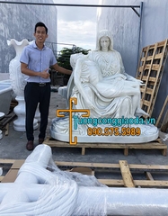 Tượng Đức Mẹ Sầu Bi Bằng Đá Trắng Đẹp Cao 1m6 Và Thánh Giá Cao 3m