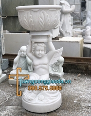 Tượng Thiên Thần Đội Chậu Hoa Bằng Đá Trắng Non Nước