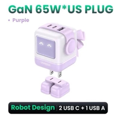Sạc điện thoại 3 cổng USB-C và USB-A GaN 65W màu đen tạo hình robot chân cắm dẹt Ugreen (15570)