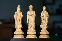 Bộ tượng Tây Phương Tam Thánh gỗ hoàng dương lá nhỏ 20cm