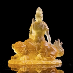 Tượng Văn Thù Bồ tát cưỡi sư tử lưu ly vàng 10.5cm