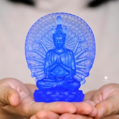 Tượng Quan Âm thiên thủ thiên nhãn lưu ly xanh 10cm
