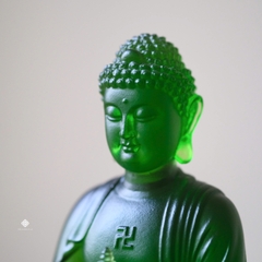 Tượng Đức Phật Dược Sư cầm bảo tháp lưu ly xanh lá 12.5cm