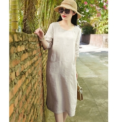 Đầm suông linen tay lỡ 2 túi bổ trước