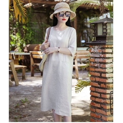 Đầm suông linen tay lỡ 2 túi bổ trước
