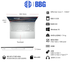 Máy tính xách tay Laptop Dell Vostro 5502A (Core i7-1165G7,RAM 16GB, 512GB SSD, 15.6'' FHD, NVIDIA MX330 2GB,Win10 Home,Xám)